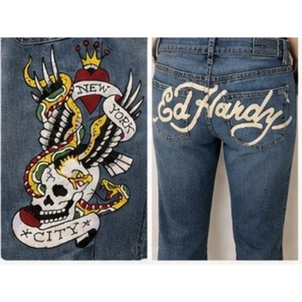Ed Hardy Flare Jeans Women 28 Y2K Tattoo Skull Embroidered Medium Wash Denim